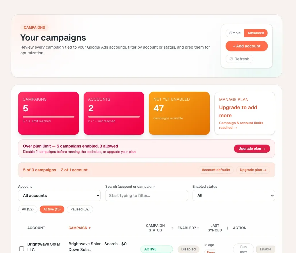 Campaign view: performance and what the optimizer would change.