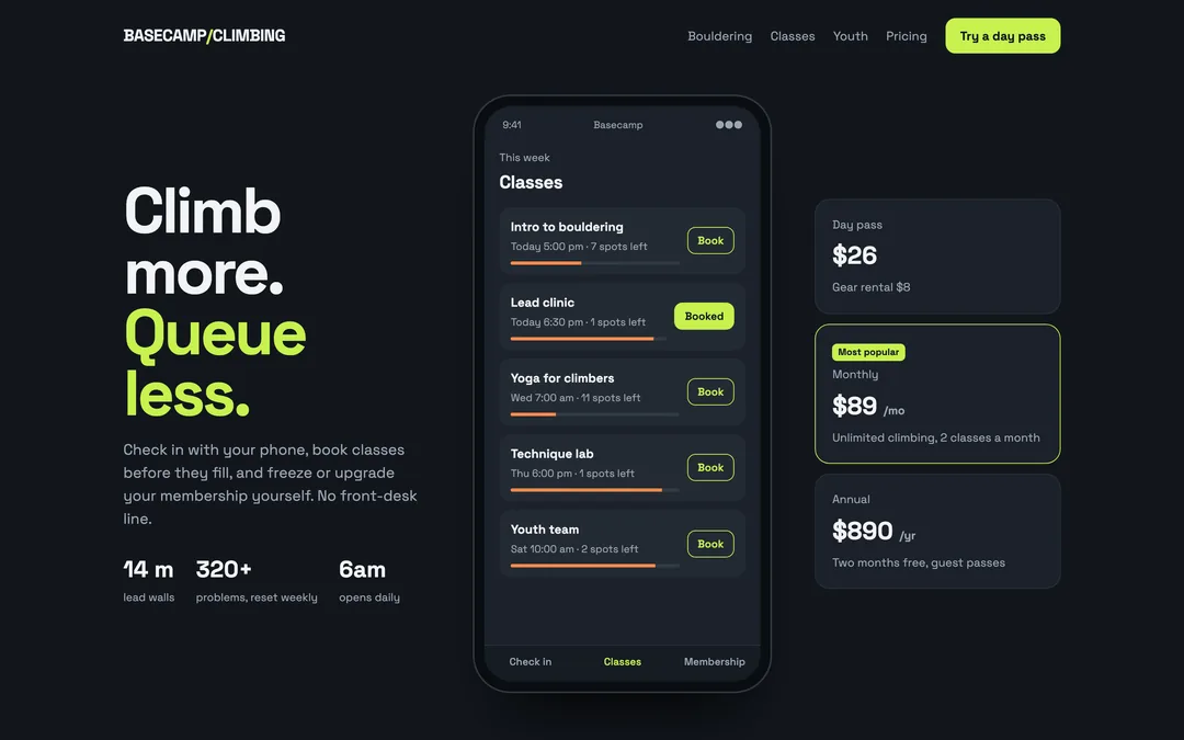 A climbing gym's member app with class booking