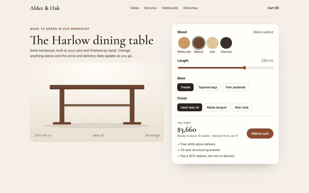 A furniture configurator with a live preview and price