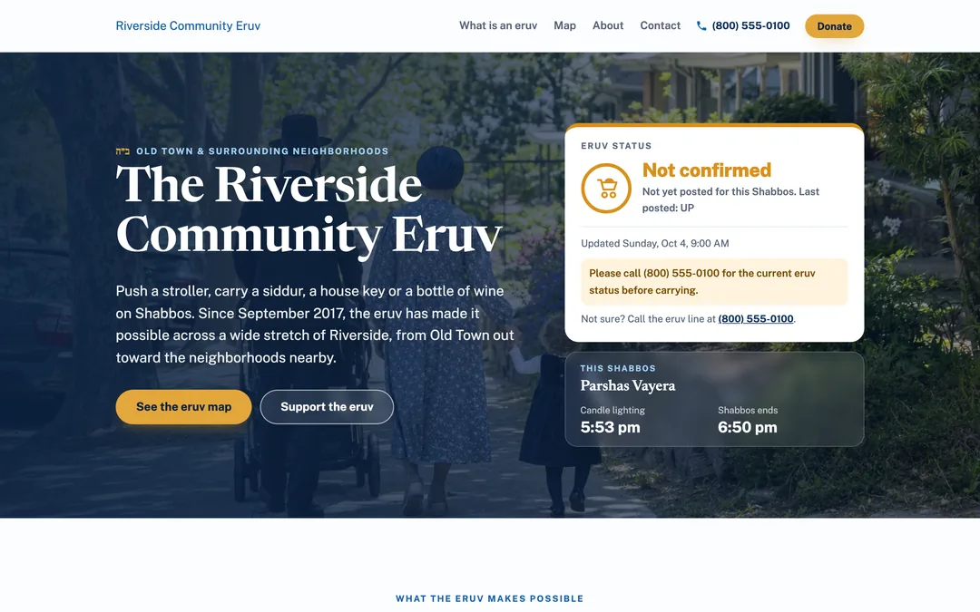 A community eruv site with the weekly eruv status