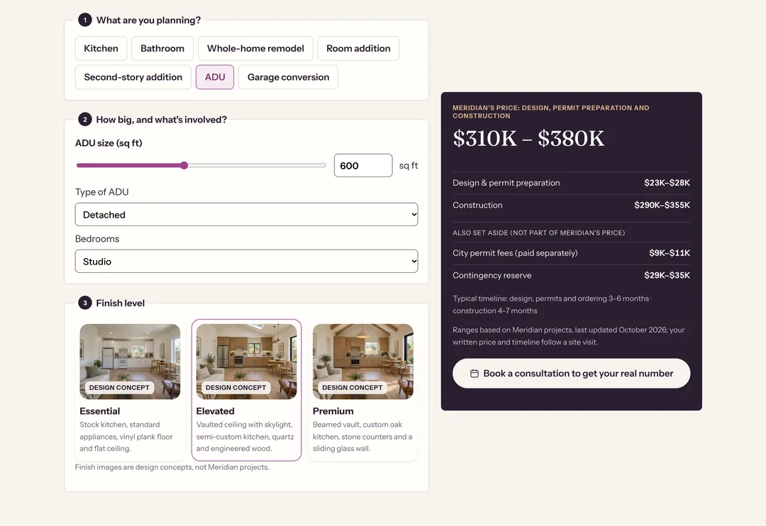 Meridian's cost estimator with an ADU planning range