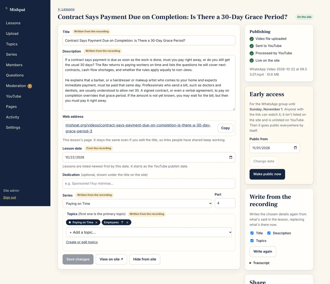 The lesson editor: drafted fields are marked, with the publishing checklist alongside.