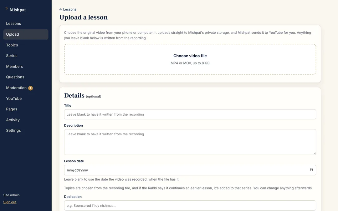 Uploading a lesson: choose the video and leave the details blank to have them written from the recording.