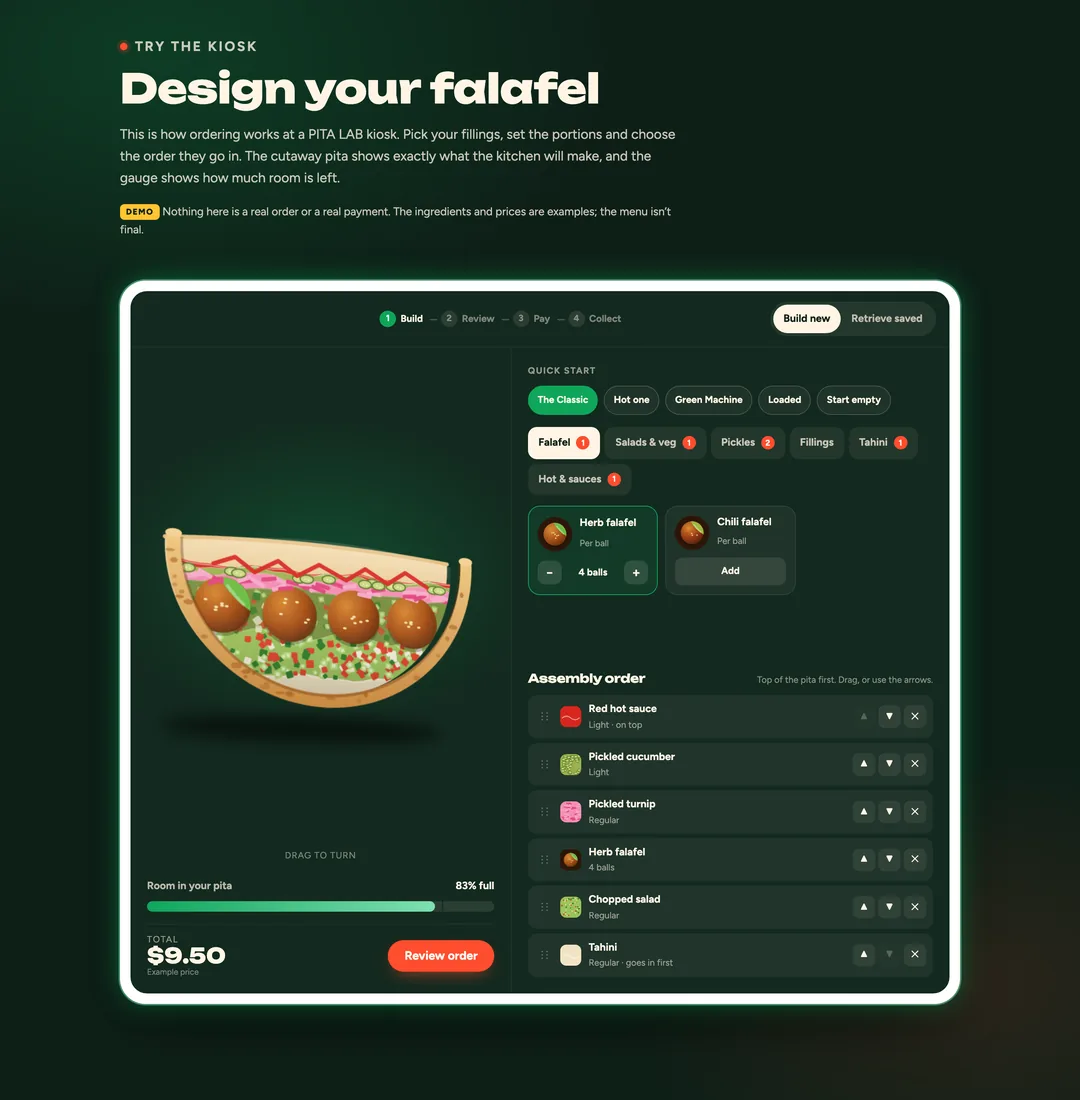 A working kiosk demo for building a falafel pita